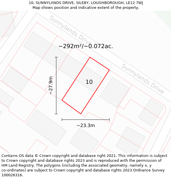 10, SUNNYLANDS DRIVE, SILEBY, LOUGHBOROUGH, LE12 7WJ: Plot and title map