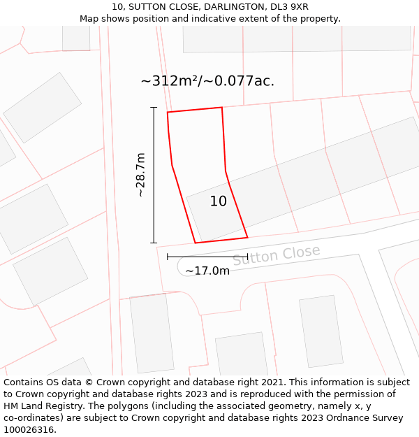 10, SUTTON CLOSE, DARLINGTON, DL3 9XR: Plot and title map