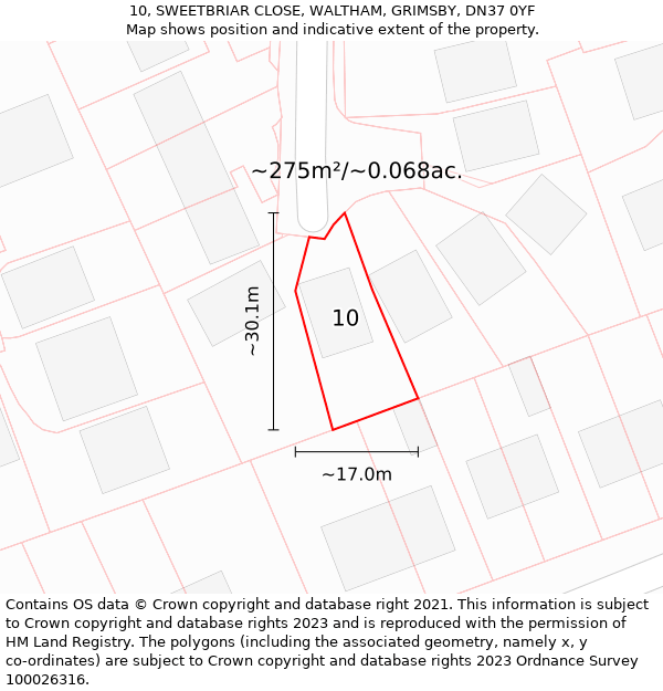 10, SWEETBRIAR CLOSE, WALTHAM, GRIMSBY, DN37 0YF: Plot and title map