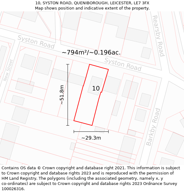 10, SYSTON ROAD, QUENIBOROUGH, LEICESTER, LE7 3FX: Plot and title map