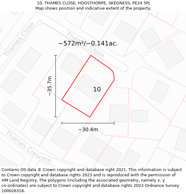 10, THAMES CLOSE, HOGSTHORPE, SKEGNESS, PE24 5PJ: Plot and title map