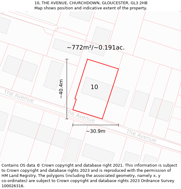 10, THE AVENUE, CHURCHDOWN, GLOUCESTER, GL3 2HB: Plot and title map