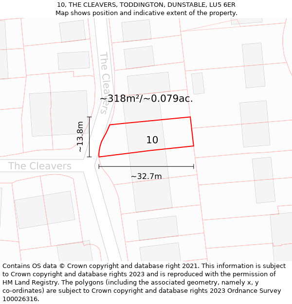 10, THE CLEAVERS, TODDINGTON, DUNSTABLE, LU5 6ER: Plot and title map