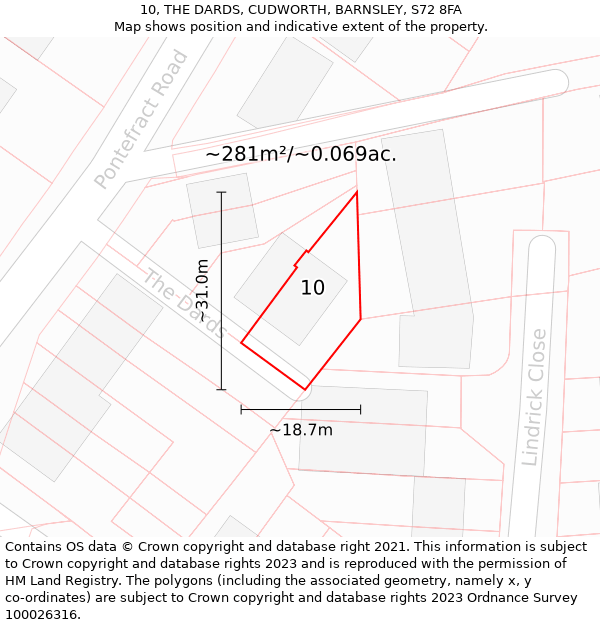 10, THE DARDS, CUDWORTH, BARNSLEY, S72 8FA: Plot and title map
