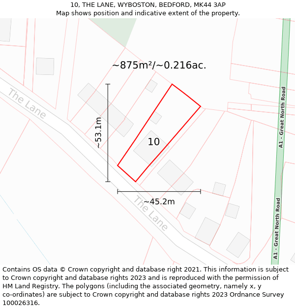 10, THE LANE, WYBOSTON, BEDFORD, MK44 3AP: Plot and title map