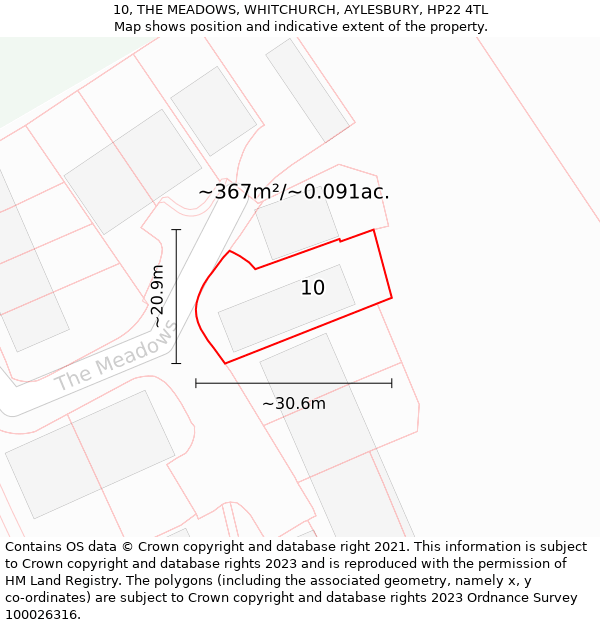 10, THE MEADOWS, WHITCHURCH, AYLESBURY, HP22 4TL: Plot and title map