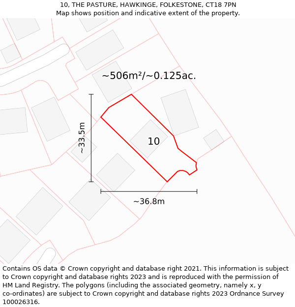 10, THE PASTURE, HAWKINGE, FOLKESTONE, CT18 7PN: Plot and title map