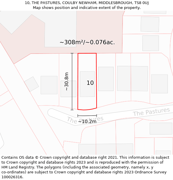 10, THE PASTURES, COULBY NEWHAM, MIDDLESBROUGH, TS8 0UJ: Plot and title map