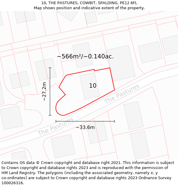 10, THE PASTURES, COWBIT, SPALDING, PE12 6FL: Plot and title map