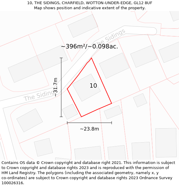 10, THE SIDINGS, CHARFIELD, WOTTON-UNDER-EDGE, GL12 8UF: Plot and title map