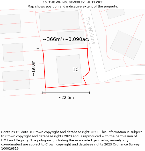 10, THE WHINS, BEVERLEY, HU17 0RZ: Plot and title map