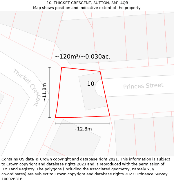10, THICKET CRESCENT, SUTTON, SM1 4QB: Plot and title map