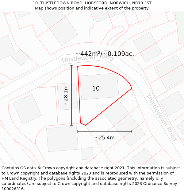 10, THISTLEDOWN ROAD, HORSFORD, NORWICH, NR10 3ST: Plot and title map