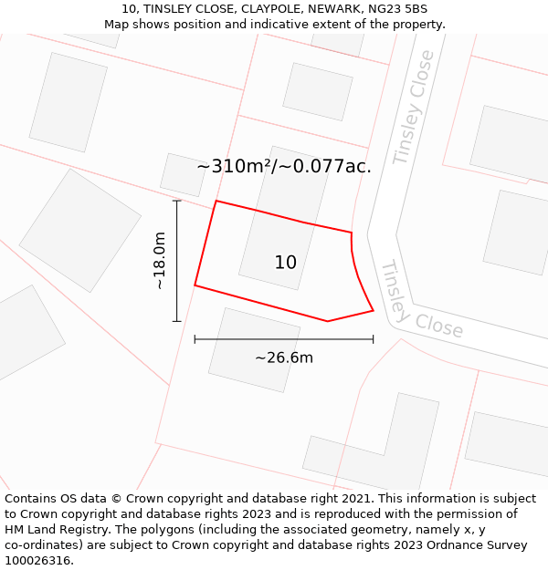 10, TINSLEY CLOSE, CLAYPOLE, NEWARK, NG23 5BS: Plot and title map