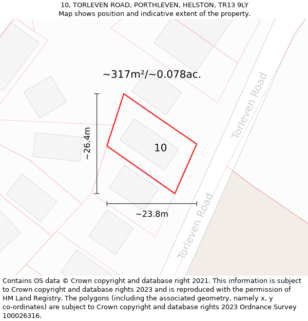 10, TORLEVEN ROAD, PORTHLEVEN, HELSTON, TR13 9LY: Plot and title map