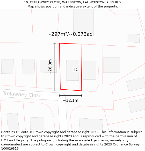 10, TRELAWNEY CLOSE, WARBSTOW, LAUNCESTON, PL15 8UY: Plot and title map