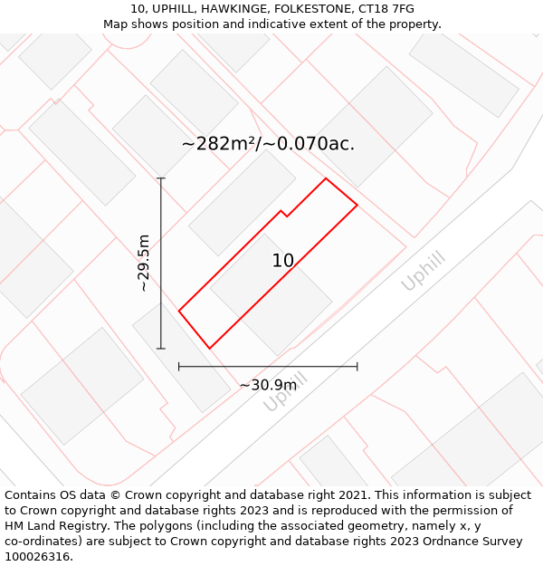 10, UPHILL, HAWKINGE, FOLKESTONE, CT18 7FG: Plot and title map