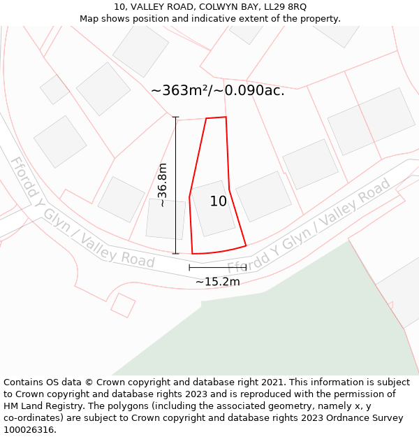 10, VALLEY ROAD, COLWYN BAY, LL29 8RQ: Plot and title map