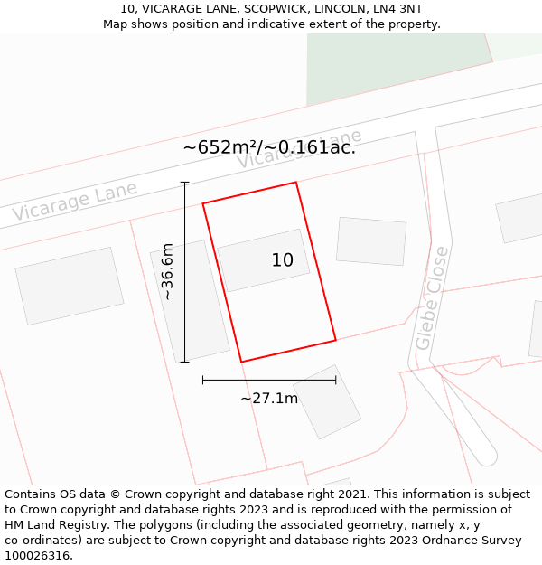 10, VICARAGE LANE, SCOPWICK, LINCOLN, LN4 3NT: Plot and title map
