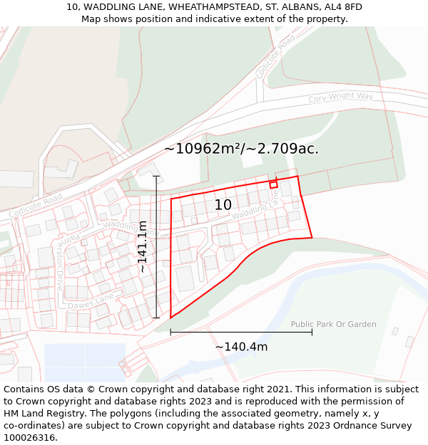 10, WADDLING LANE, WHEATHAMPSTEAD, ST. ALBANS, AL4 8FD: Plot and title map