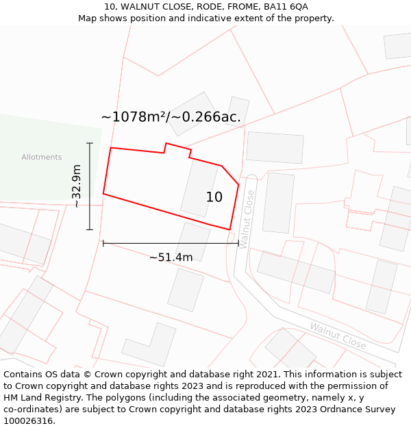 10, WALNUT CLOSE, RODE, FROME, BA11 6QA: Plot and title map