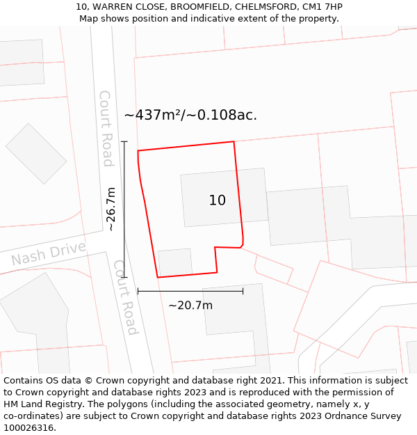 10, WARREN CLOSE, BROOMFIELD, CHELMSFORD, CM1 7HP: Plot and title map