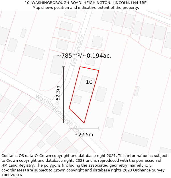 10, WASHINGBOROUGH ROAD, HEIGHINGTON, LINCOLN, LN4 1RE: Plot and title map