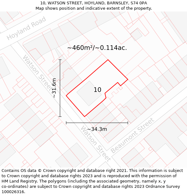 10, WATSON STREET, HOYLAND, BARNSLEY, S74 0PA: Plot and title map