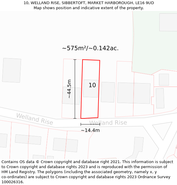 10, WELLAND RISE, SIBBERTOFT, MARKET HARBOROUGH, LE16 9UD: Plot and title map