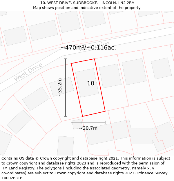 10, WEST DRIVE, SUDBROOKE, LINCOLN, LN2 2RA: Plot and title map