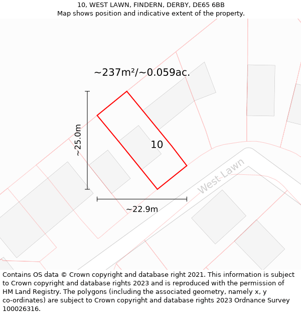 10, WEST LAWN, FINDERN, DERBY, DE65 6BB: Plot and title map