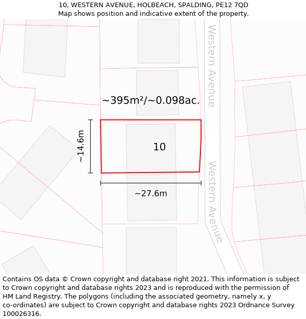 10, WESTERN AVENUE, HOLBEACH, SPALDING, PE12 7QD: Plot and title map