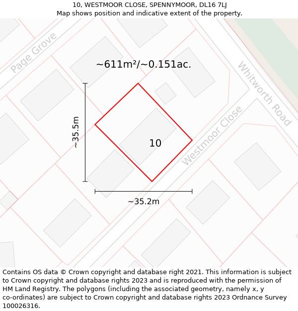 10, WESTMOOR CLOSE, SPENNYMOOR, DL16 7LJ: Plot and title map