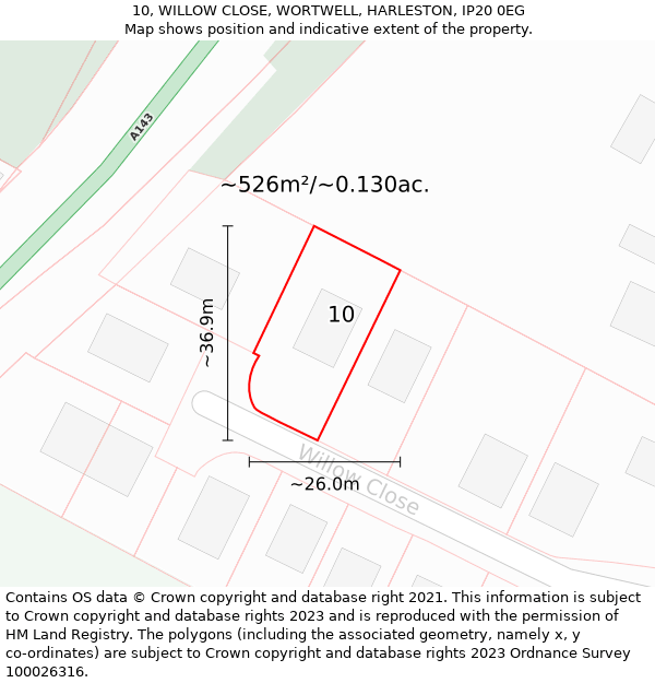 10, WILLOW CLOSE, WORTWELL, HARLESTON, IP20 0EG: Plot and title map