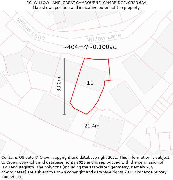 10, WILLOW LANE, GREAT CAMBOURNE, CAMBRIDGE, CB23 6AA: Plot and title map