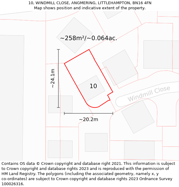 10, WINDMILL CLOSE, ANGMERING, LITTLEHAMPTON, BN16 4FN: Plot and title map