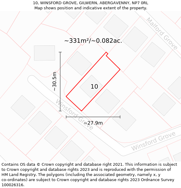 10, WINSFORD GROVE, GILWERN, ABERGAVENNY, NP7 0RL: Plot and title map