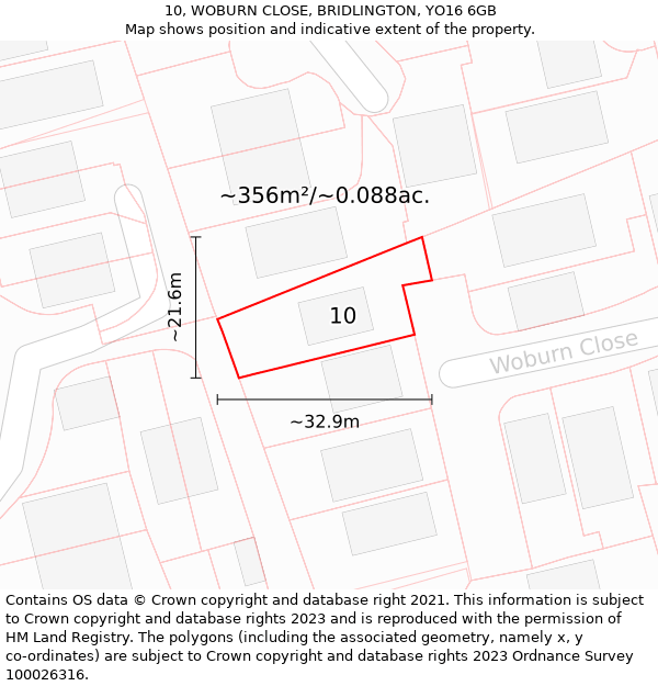 10, WOBURN CLOSE, BRIDLINGTON, YO16 6GB: Plot and title map