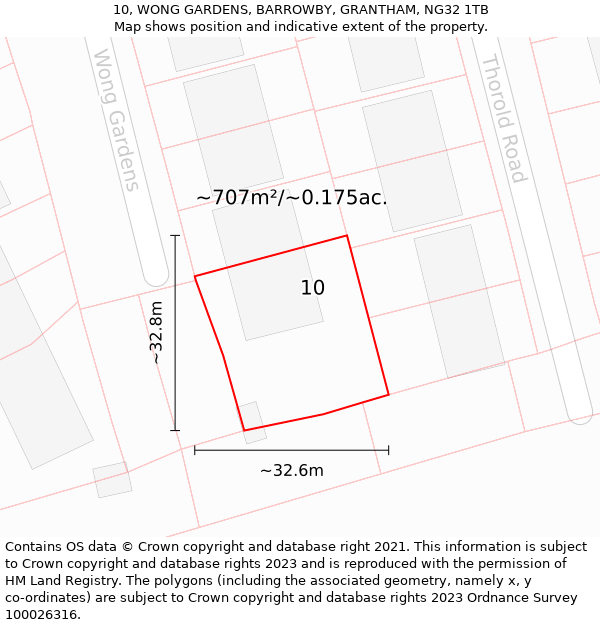 10, WONG GARDENS, BARROWBY, GRANTHAM, NG32 1TB: Plot and title map