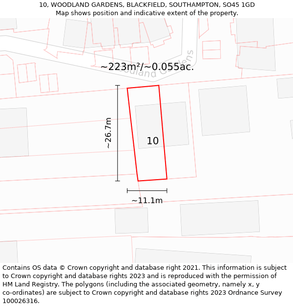10, WOODLAND GARDENS, BLACKFIELD, SOUTHAMPTON, SO45 1GD: Plot and title map