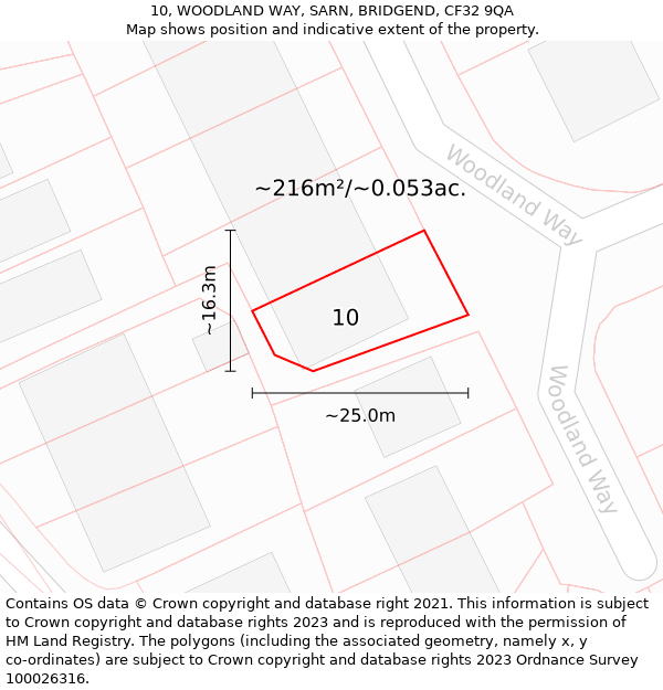 10, WOODLAND WAY, SARN, BRIDGEND, CF32 9QA: Plot and title map