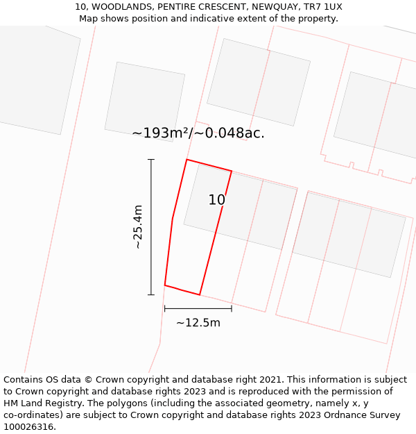10, WOODLANDS, PENTIRE CRESCENT, NEWQUAY, TR7 1UX: Plot and title map