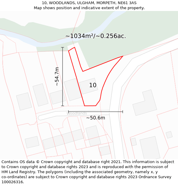 10, WOODLANDS, ULGHAM, MORPETH, NE61 3AS: Plot and title map