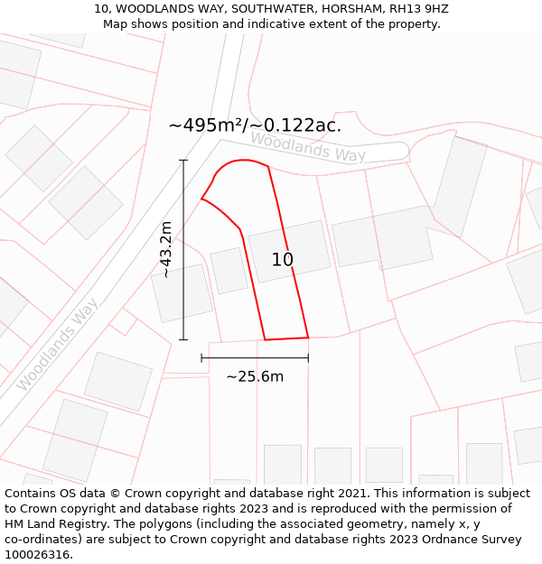 10, WOODLANDS WAY, SOUTHWATER, HORSHAM, RH13 9HZ: Plot and title map