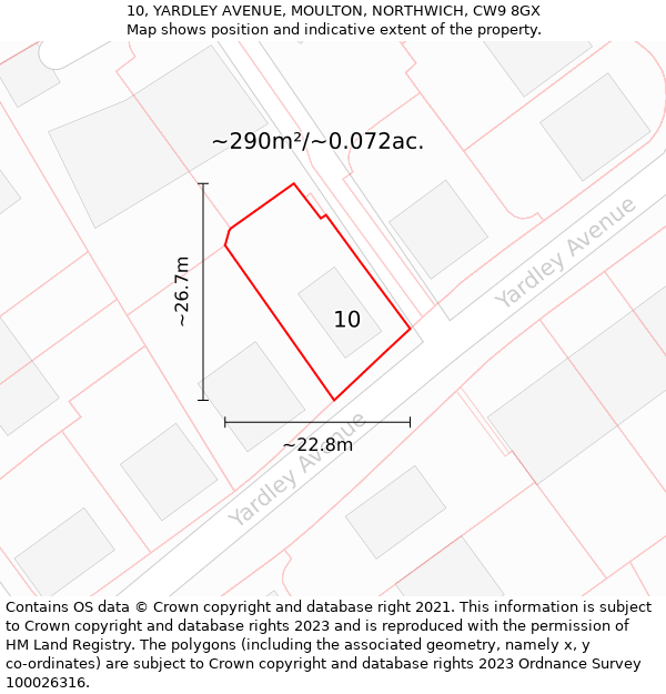 10, YARDLEY AVENUE, MOULTON, NORTHWICH, CW9 8GX: Plot and title map