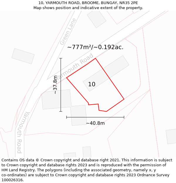 10, YARMOUTH ROAD, BROOME, BUNGAY, NR35 2PE: Plot and title map