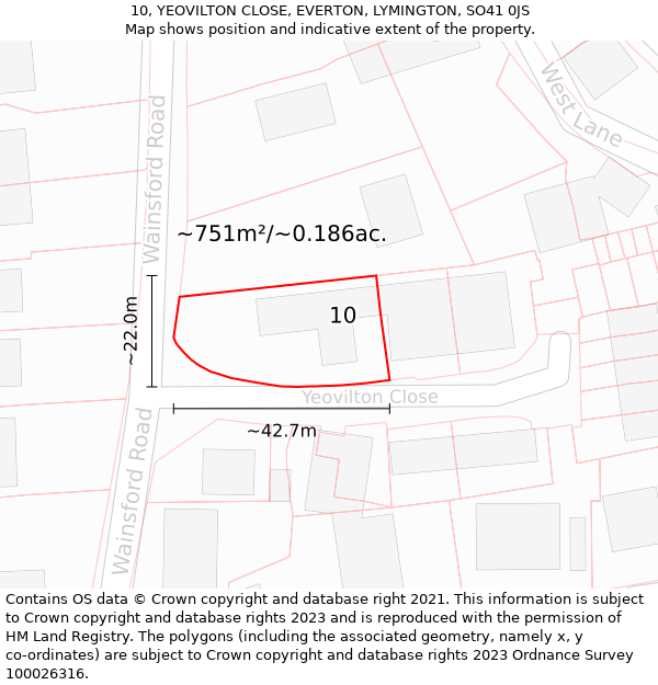 10, YEOVILTON CLOSE, EVERTON, LYMINGTON, SO41 0JS: Plot and title map