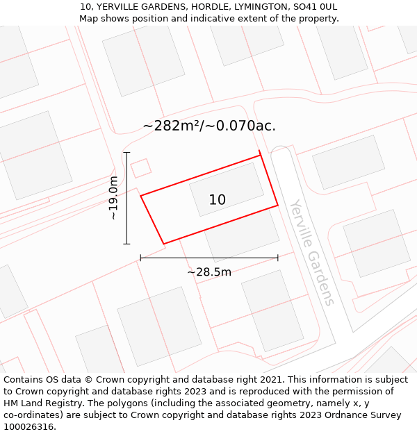 10, YERVILLE GARDENS, HORDLE, LYMINGTON, SO41 0UL: Plot and title map