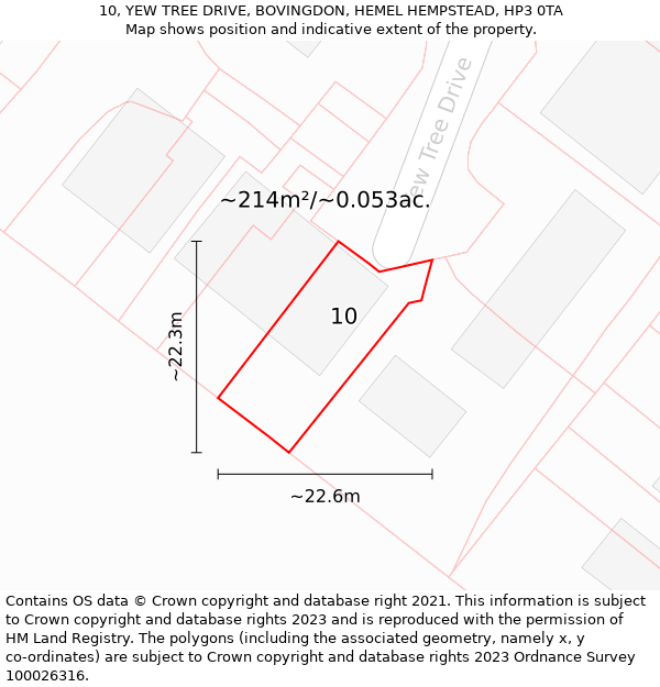 10, YEW TREE DRIVE, BOVINGDON, HEMEL HEMPSTEAD, HP3 0TA: Plot and title map