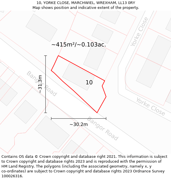 10, YORKE CLOSE, MARCHWIEL, WREXHAM, LL13 0RY: Plot and title map